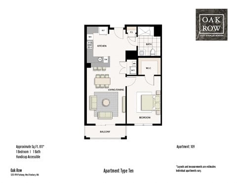 Floor plan for 1 bed, 1 bath, 811 sqft
